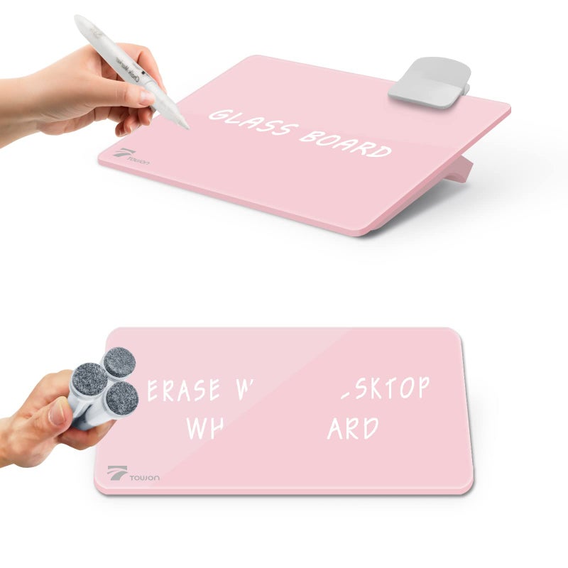 TOWON Pink Mini Desktop Pure Glass Whiteboard  Small Slope Slick Desk Whiteboard Glass  Desk White Board  Desktop White Board Dry Erase  Stenography Artifact for Office Home Schooling D - Image 1